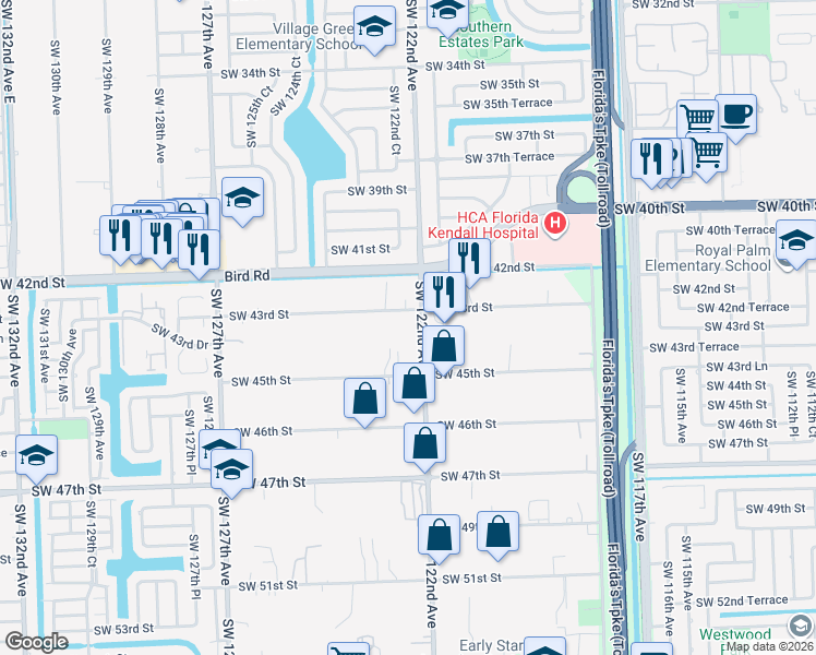 map of restaurants, bars, coffee shops, grocery stores, and more near 12210 Southwest 43rd Street in Miami