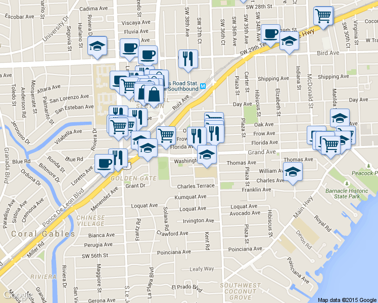 map of restaurants, bars, coffee shops, grocery stores, and more near 106 Florida Avenue in Coral Gables