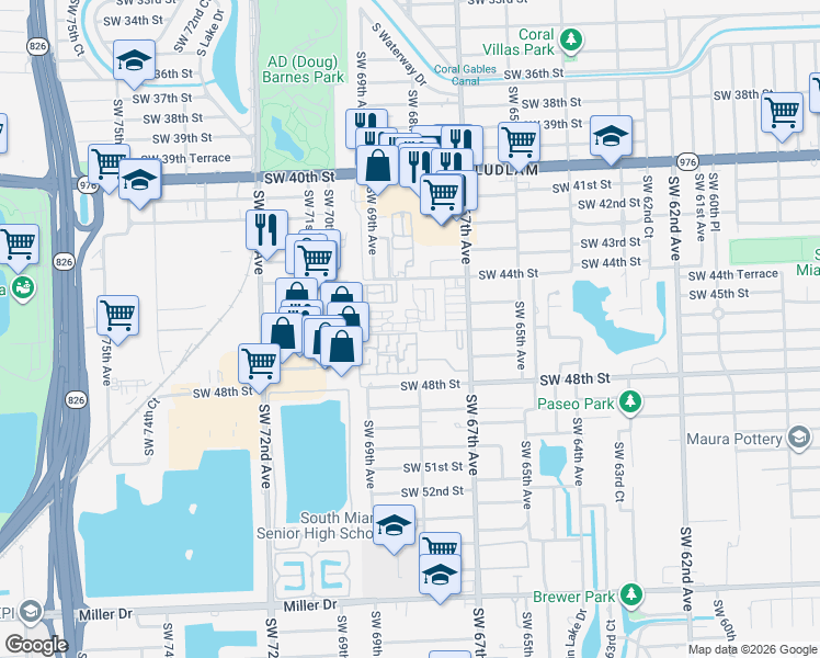 map of restaurants, bars, coffee shops, grocery stores, and more near 6835 Southwest 45th Lane in Miami