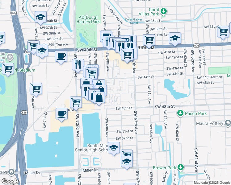 map of restaurants, bars, coffee shops, grocery stores, and more near 6835 Southwest 45th Lane in Miami