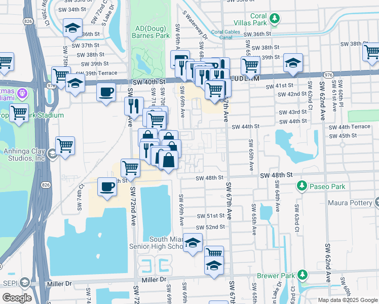 map of restaurants, bars, coffee shops, grocery stores, and more near 6835 Southwest 45th Lane in Miami