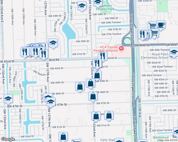 map of restaurants, bars, coffee shops, grocery stores, and more near 12210 Southwest 43rd Street in Miami