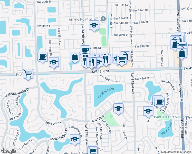 map of restaurants, bars, coffee shops, grocery stores, and more near 4343 Southwest 146th Avenue in Miami