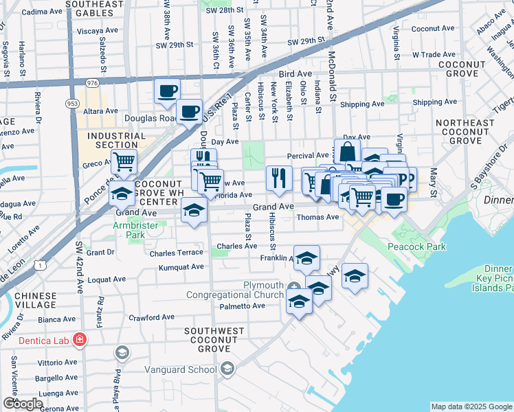 map of restaurants, bars, coffee shops, grocery stores, and more near Grand Avenue in Miami