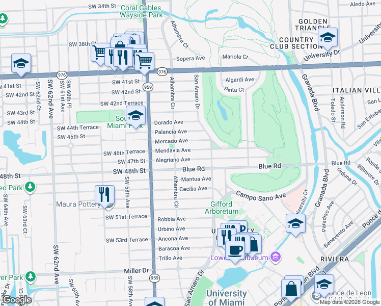 map of restaurants, bars, coffee shops, grocery stores, and more near 1444 Mendavia Avenue in Coral Gables