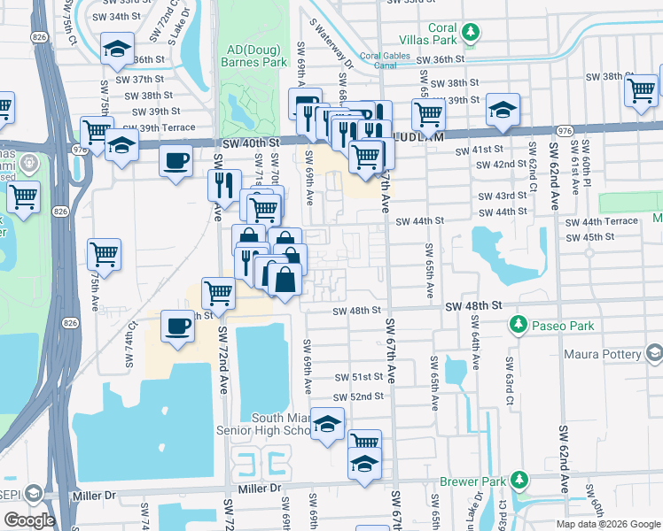 map of restaurants, bars, coffee shops, grocery stores, and more near 6835 Southwest 45th Lane in Miami