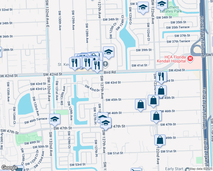 map of restaurants, bars, coffee shops, grocery stores, and more near 12690 Southwest 43rd Street in Miami