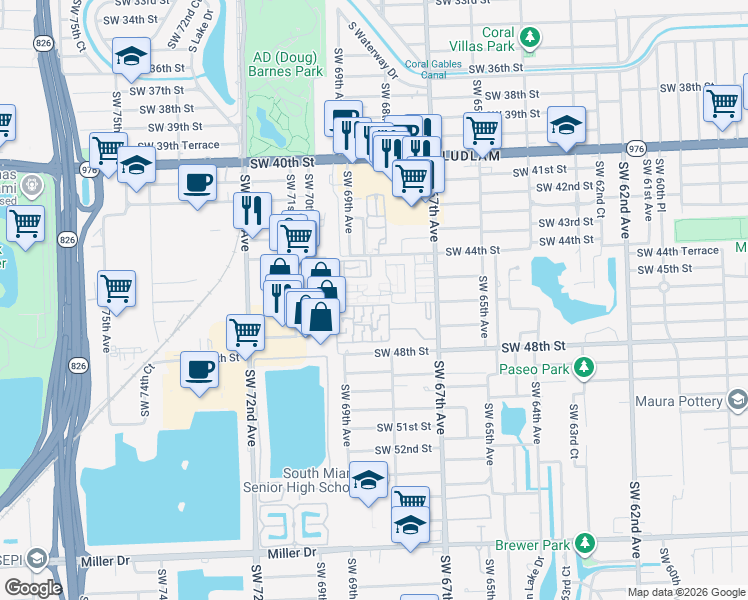 map of restaurants, bars, coffee shops, grocery stores, and more near 6830 Southwest 45th Lane in Miami