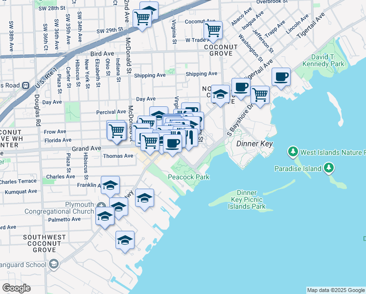 map of restaurants, bars, coffee shops, grocery stores, and more near 2982 Grand Avenue in Miami