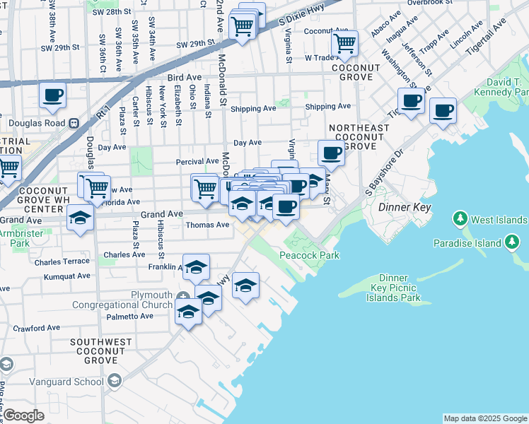 map of restaurants, bars, coffee shops, grocery stores, and more near 3140 Grand Avenue in Miami