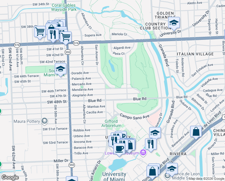 map of restaurants, bars, coffee shops, grocery stores, and more near 1350 Mendavia Avenue in Coral Gables