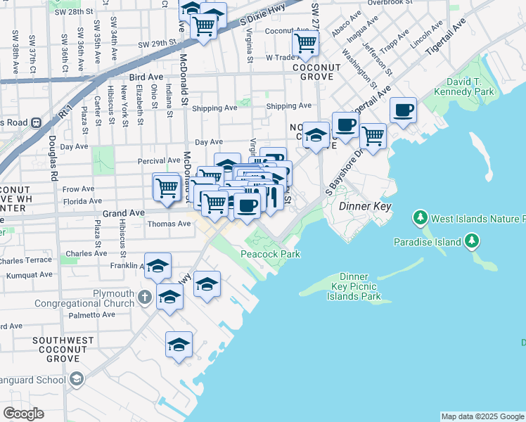 map of restaurants, bars, coffee shops, grocery stores, and more near 2982 Grand Avenue in Miami