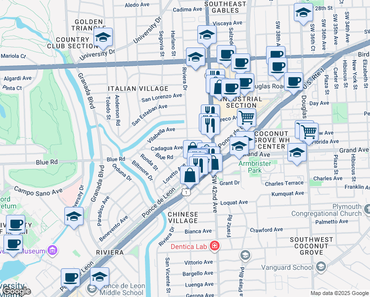 map of restaurants, bars, coffee shops, grocery stores, and more near 442 Cadagua Avenue in Coral Gables