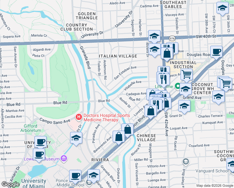 map of restaurants, bars, coffee shops, grocery stores, and more near 735 Vilabella Avenue in Coral Gables