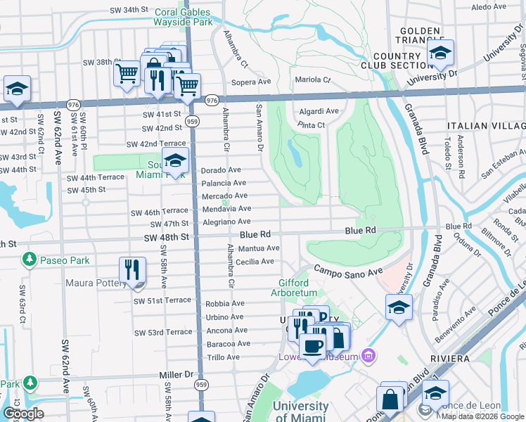 map of restaurants, bars, coffee shops, grocery stores, and more near 1410 Mendavia Avenue in Coral Gables