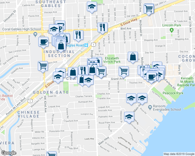 map of restaurants, bars, coffee shops, grocery stores, and more near 3673 Grand Avenue in Miami