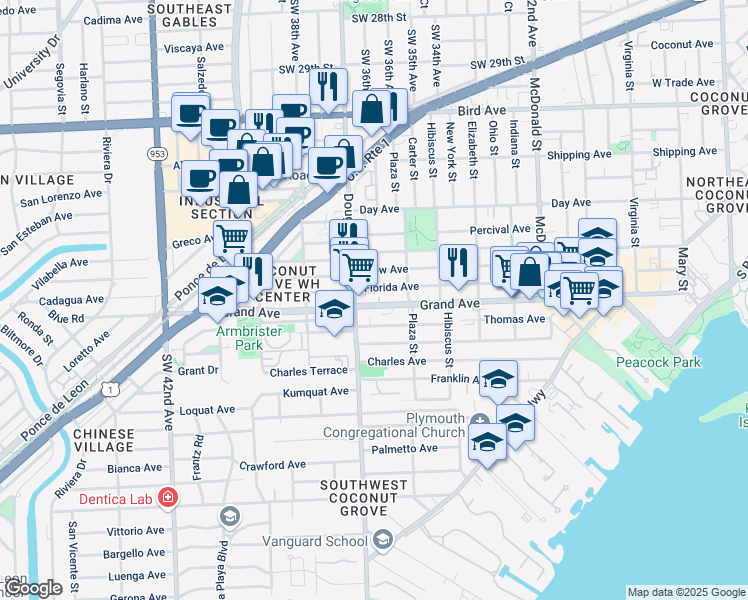 map of restaurants, bars, coffee shops, grocery stores, and more near 3673 Grand Avenue in Miami