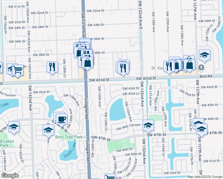 map of restaurants, bars, coffee shops, grocery stores, and more near 4241 Southwest 134th Avenue in Miami
