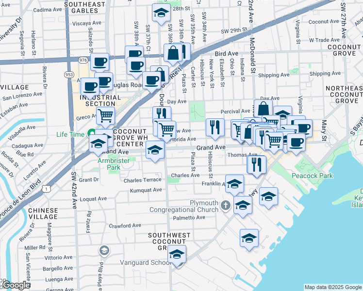 map of restaurants, bars, coffee shops, grocery stores, and more near 3629 Grand Avenue in Miami
