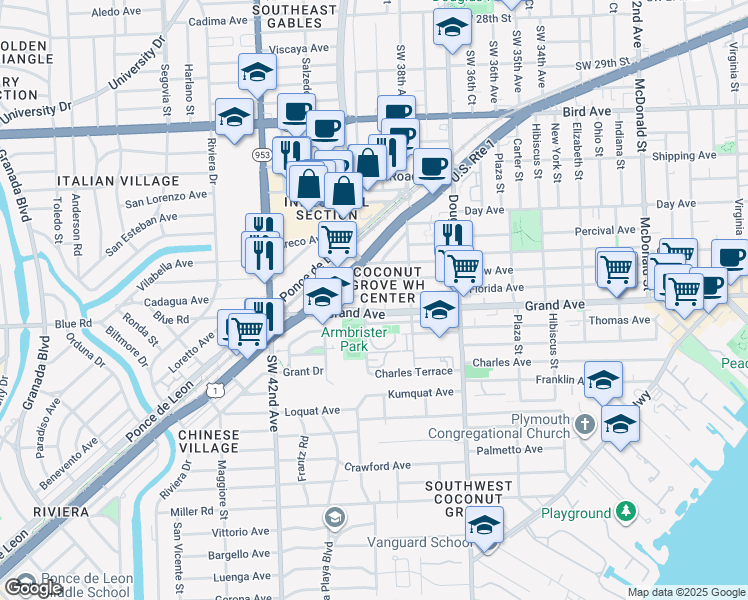map of restaurants, bars, coffee shops, grocery stores, and more near 142 Florida Avenue in Coral Gables