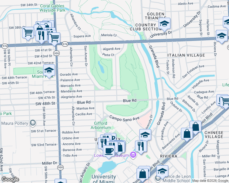 map of restaurants, bars, coffee shops, grocery stores, and more near 1300 Mendavia Avenue in Coral Gables