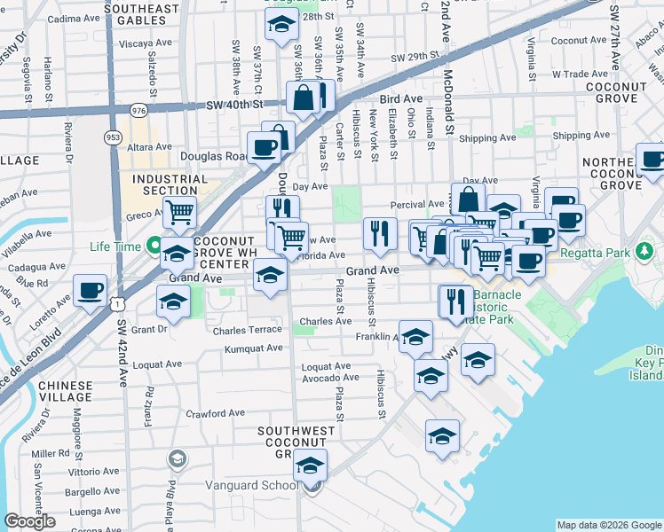map of restaurants, bars, coffee shops, grocery stores, and more near 3380 Plaza Street in Miami