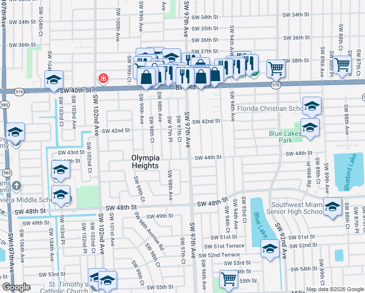 map of restaurants, bars, coffee shops, grocery stores, and more near 4315 Southwest 97th Court in Miami