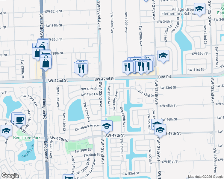 map of restaurants, bars, coffee shops, grocery stores, and more near 4300 Southwest 130th Court in Miami