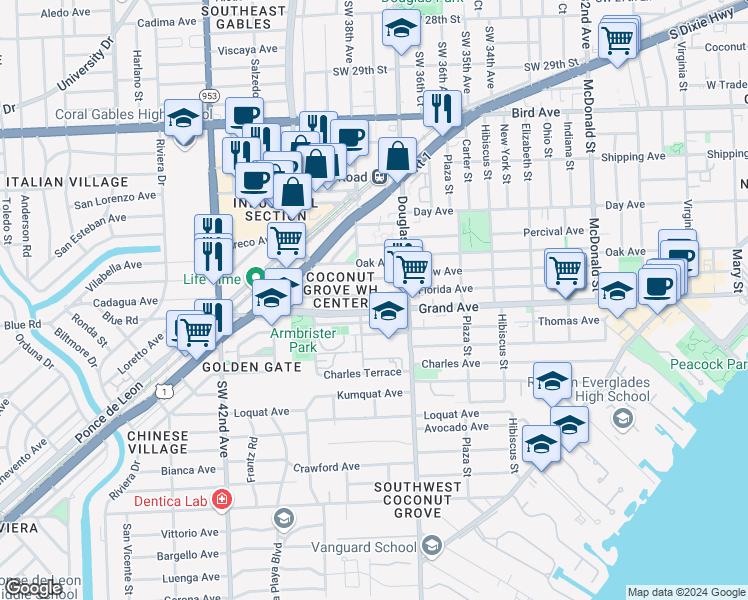 map of restaurants, bars, coffee shops, grocery stores, and more near 3762 Florida Avenue in Miami