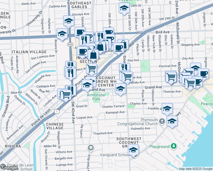 map of restaurants, bars, coffee shops, grocery stores, and more near 106 Florida Avenue in Coral Gables