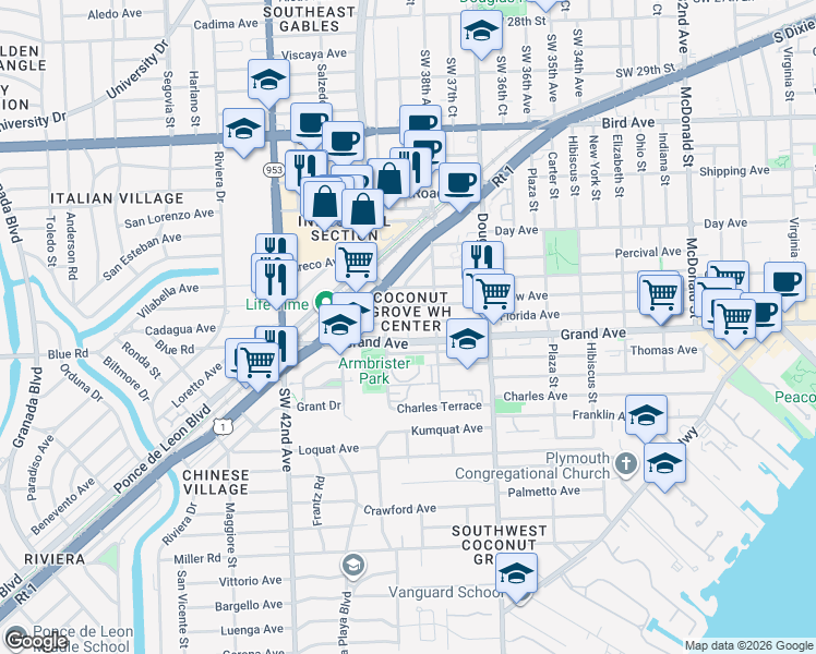 map of restaurants, bars, coffee shops, grocery stores, and more near 142 Florida Avenue in Coral Gables