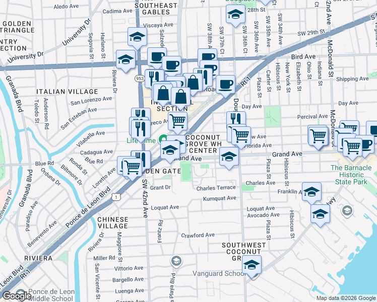 map of restaurants, bars, coffee shops, grocery stores, and more near 142 Florida Avenue in Coral Gables