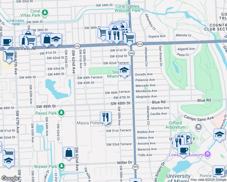 map of restaurants, bars, coffee shops, grocery stores, and more near 5825 Southwest 46th Terrace in Miami
