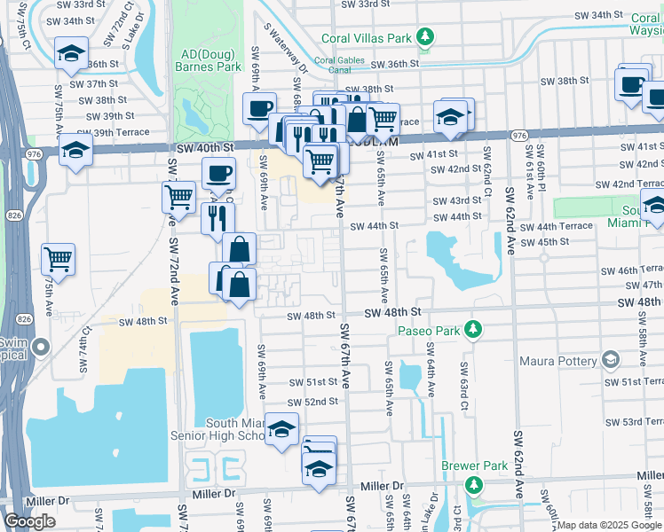 map of restaurants, bars, coffee shops, grocery stores, and more near 6635 Southwest 46th Street in Miami