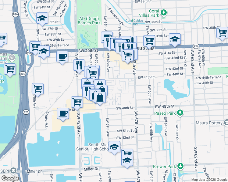 map of restaurants, bars, coffee shops, grocery stores, and more near 6835 Southwest 45th Lane in Miami