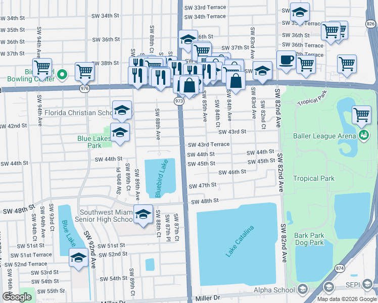 map of restaurants, bars, coffee shops, grocery stores, and more near 4380 Southwest 87th Avenue in Miami