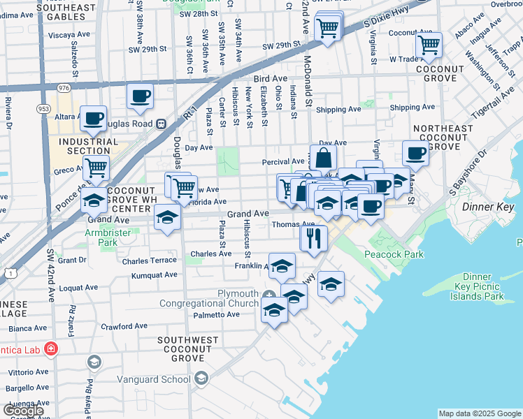 map of restaurants, bars, coffee shops, grocery stores, and more near 6 Elizabeth Street in Miami