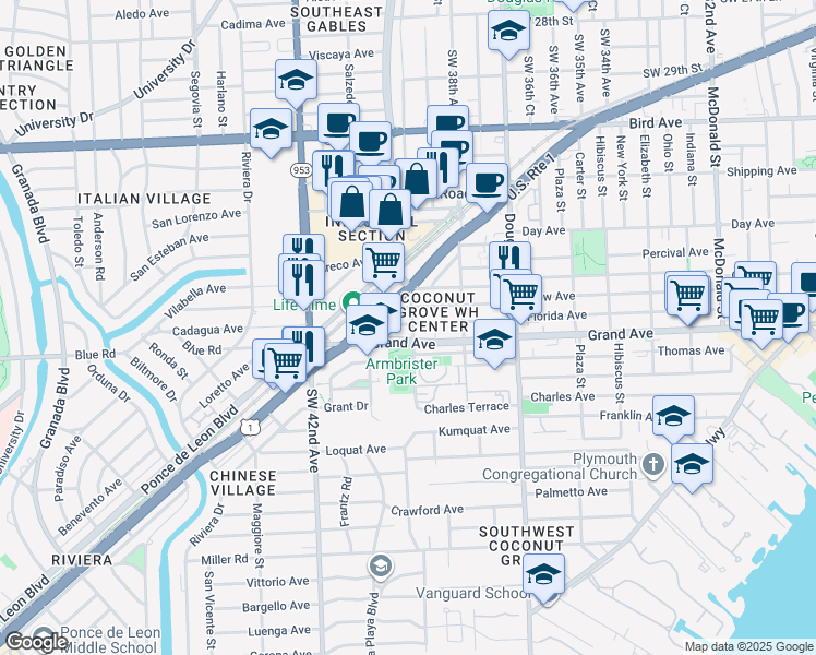 map of restaurants, bars, coffee shops, grocery stores, and more near 142 Florida Avenue in Coral Gables