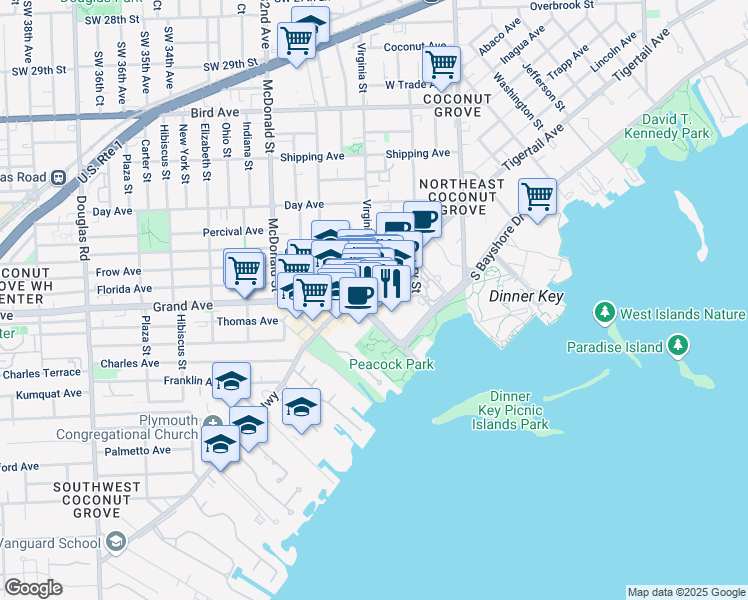 map of restaurants, bars, coffee shops, grocery stores, and more near 2982 Grand Avenue in Miami
