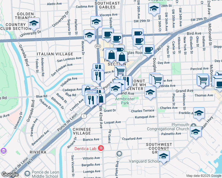map of restaurants, bars, coffee shops, grocery stores, and more near 225 South Dixie Highway in Coral Gables