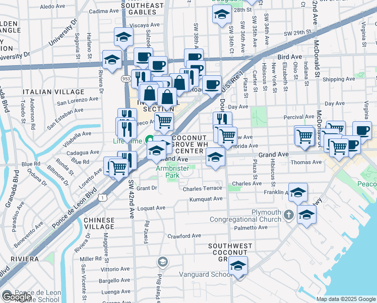 map of restaurants, bars, coffee shops, grocery stores, and more near 142 Florida Avenue in Coral Gables