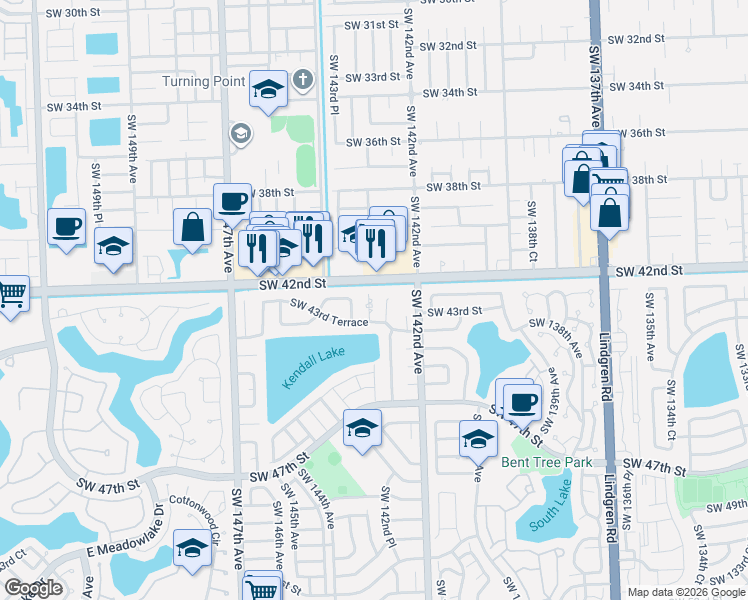 map of restaurants, bars, coffee shops, grocery stores, and more near 4225 SW 143rd Ave in Miami