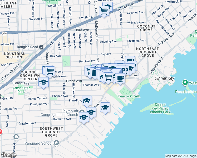 map of restaurants, bars, coffee shops, grocery stores, and more near 6125 Southwest 32nd Avenue in Miami