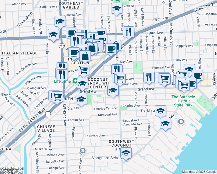map of restaurants, bars, coffee shops, grocery stores, and more near 3762 Florida Avenue in Miami