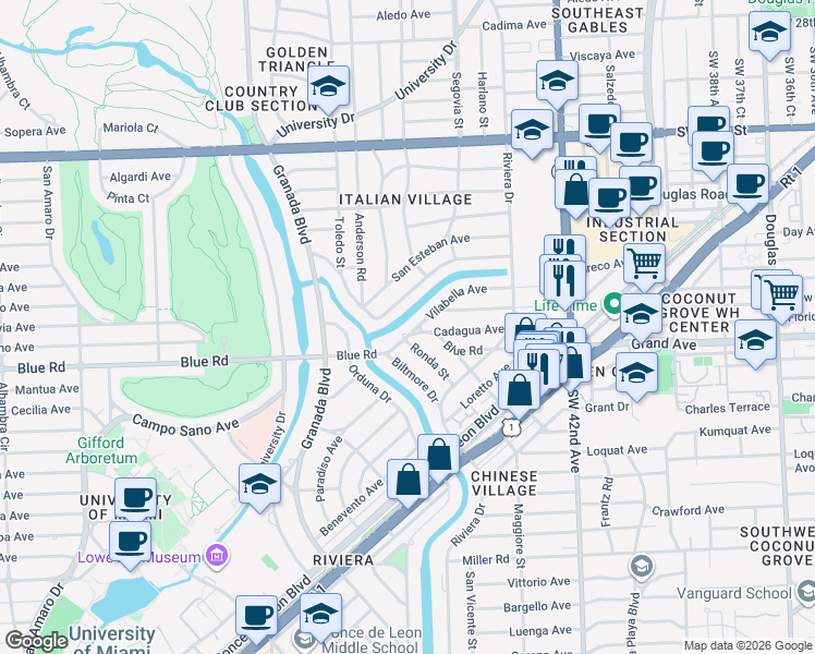 map of restaurants, bars, coffee shops, grocery stores, and more near 735 Vilabella Avenue in Coral Gables