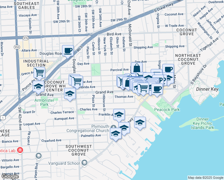 map of restaurants, bars, coffee shops, grocery stores, and more near 6 Elizabeth Street in Miami