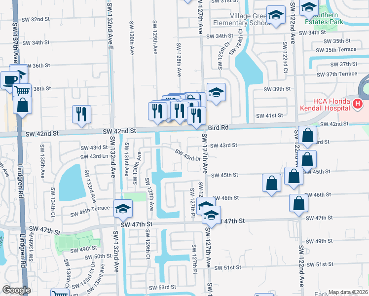 map of restaurants, bars, coffee shops, grocery stores, and more near 4312 Southwest 127th Place in Miami
