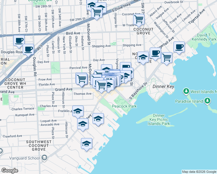 map of restaurants, bars, coffee shops, grocery stores, and more near 3064 Grand Ave in Miami