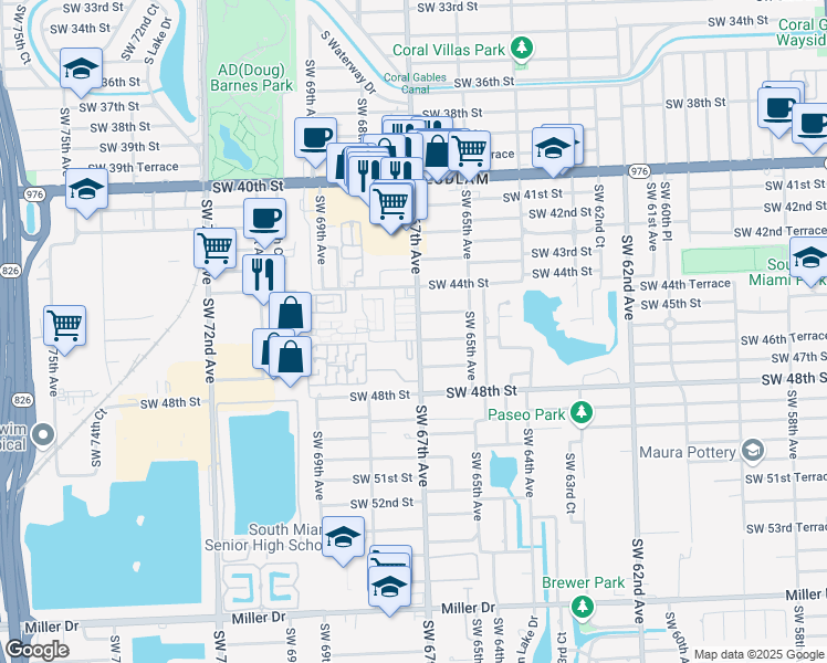 map of restaurants, bars, coffee shops, grocery stores, and more near 4590 Southwest 67th Avenue in Miami