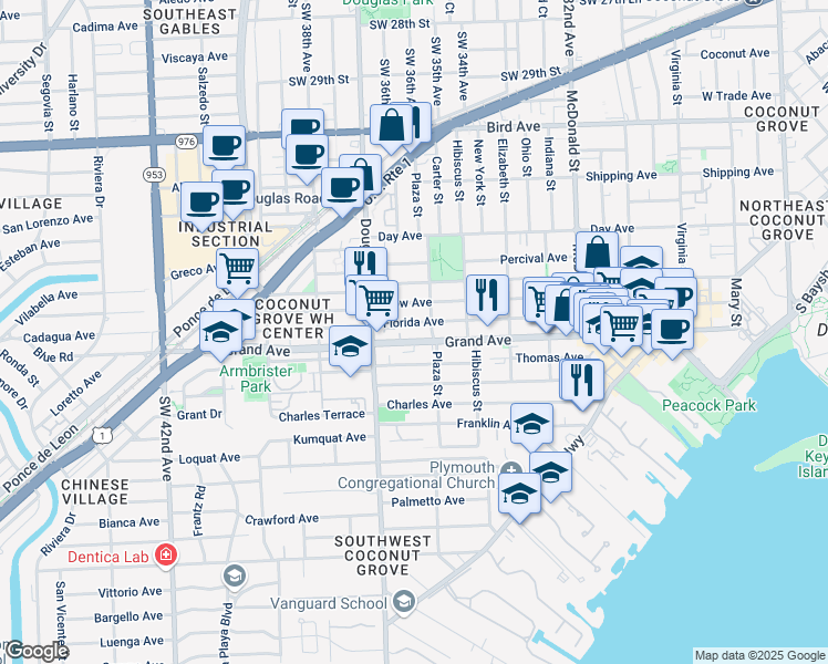 map of restaurants, bars, coffee shops, grocery stores, and more near 3380 Plaza Street in Miami